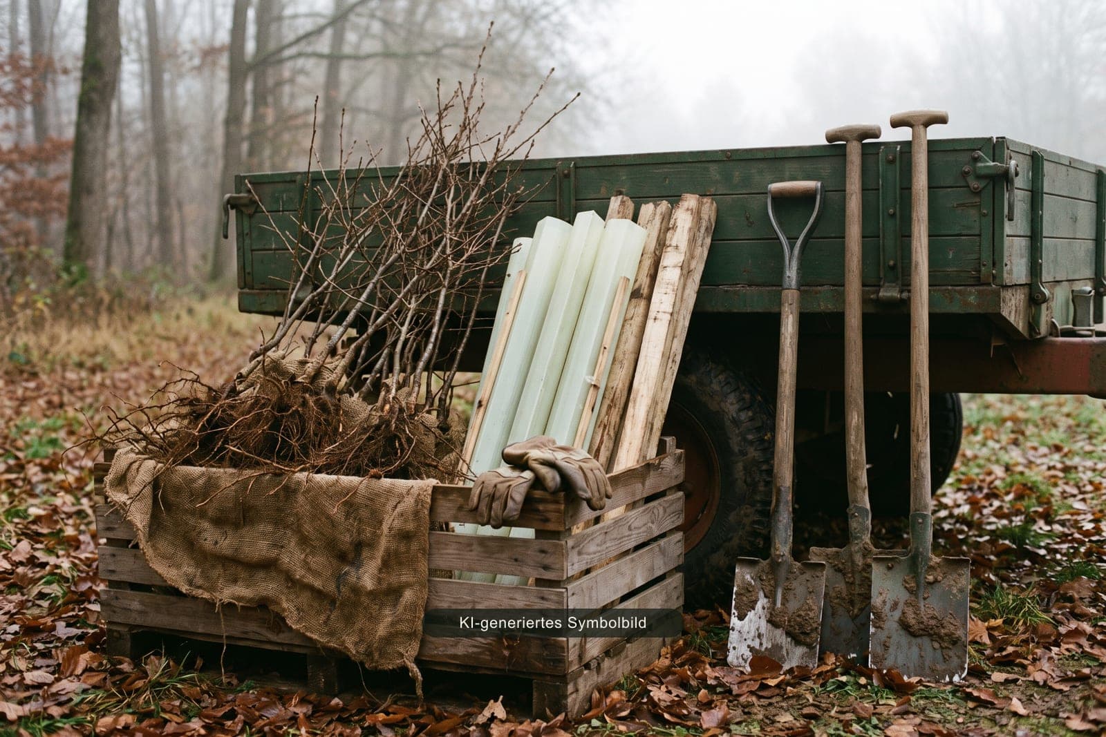 Holzkiste mit wurzelnackten Eichensetzlingen, Wuchshüllen und Spaten vor einem Forstanhänger am Waldrand, KI-generiertes Symbolbild