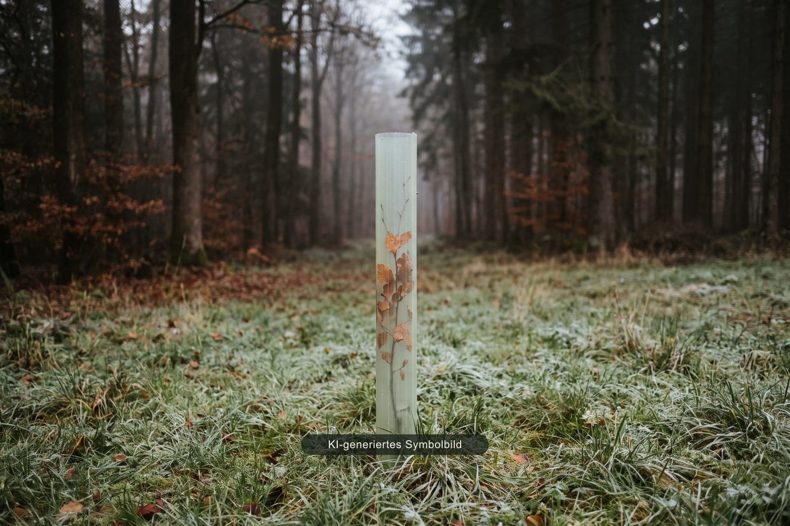 Ein einzelner junger Laubbaum in einer Wuchshülle auf einer stillen Lichtung im Morgennebel, dahinter dunkler Mischwald, KI-generiertes Symbolbild