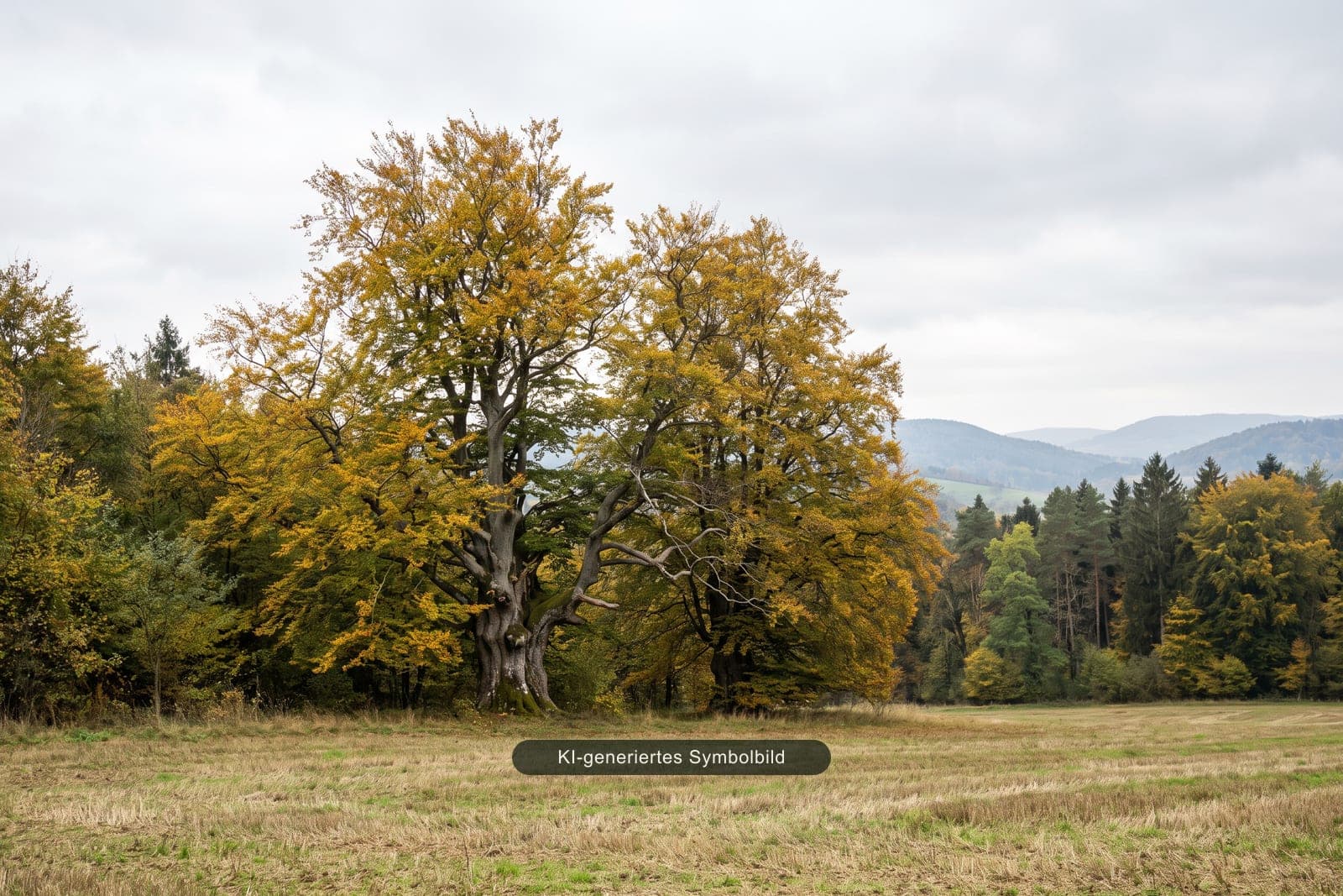 Zwei alte Buchen stehen dicht nebeneinander am Waldrand, das Laub goldgelb gefärbt, davor eine gemähte Wiese, dahinter bewaldete Hügel, KI-generiertes Symbolbild