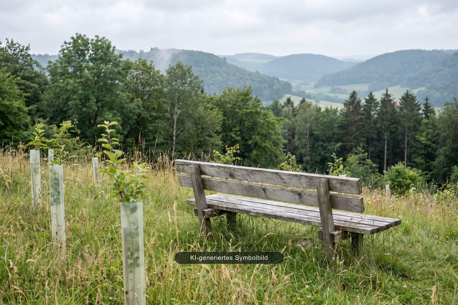 Eine leere Holzbank am Rand eines Mischwalds mit Blick über bewaldete Hügel, im Vordergrund junge Bäume in Wuchshüllen, KI-generiertes Symbolbild