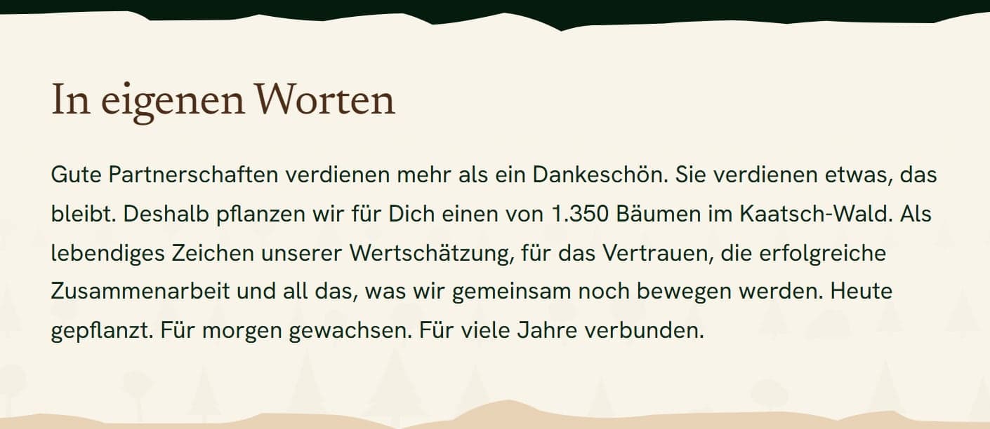 Abschnitt „In eigenen Worten“ auf der Seite der Aktion mit dem Text der Kaatsch-Urkunde: Gute Partnerschaften verdienen mehr als ein Dankeschön …