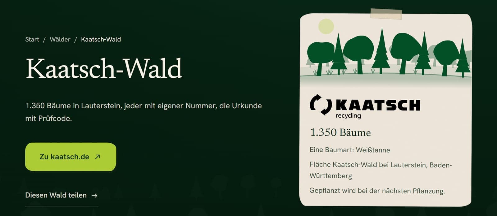 Kopf der Wald-Seite „Kaatsch-Wald“: 1.350 Bäume in Lauterstein, jeder mit eigener Nummer, die Urkunde mit Prüfcode, darunter der Knopf „Zu kaatsch.de“; daneben ein Zettel mit dem Kaatsch-Logo, 1.350 Bäume, Baumart Weißtanne, Fläche Kaatsch-Wald bei Lauterstein