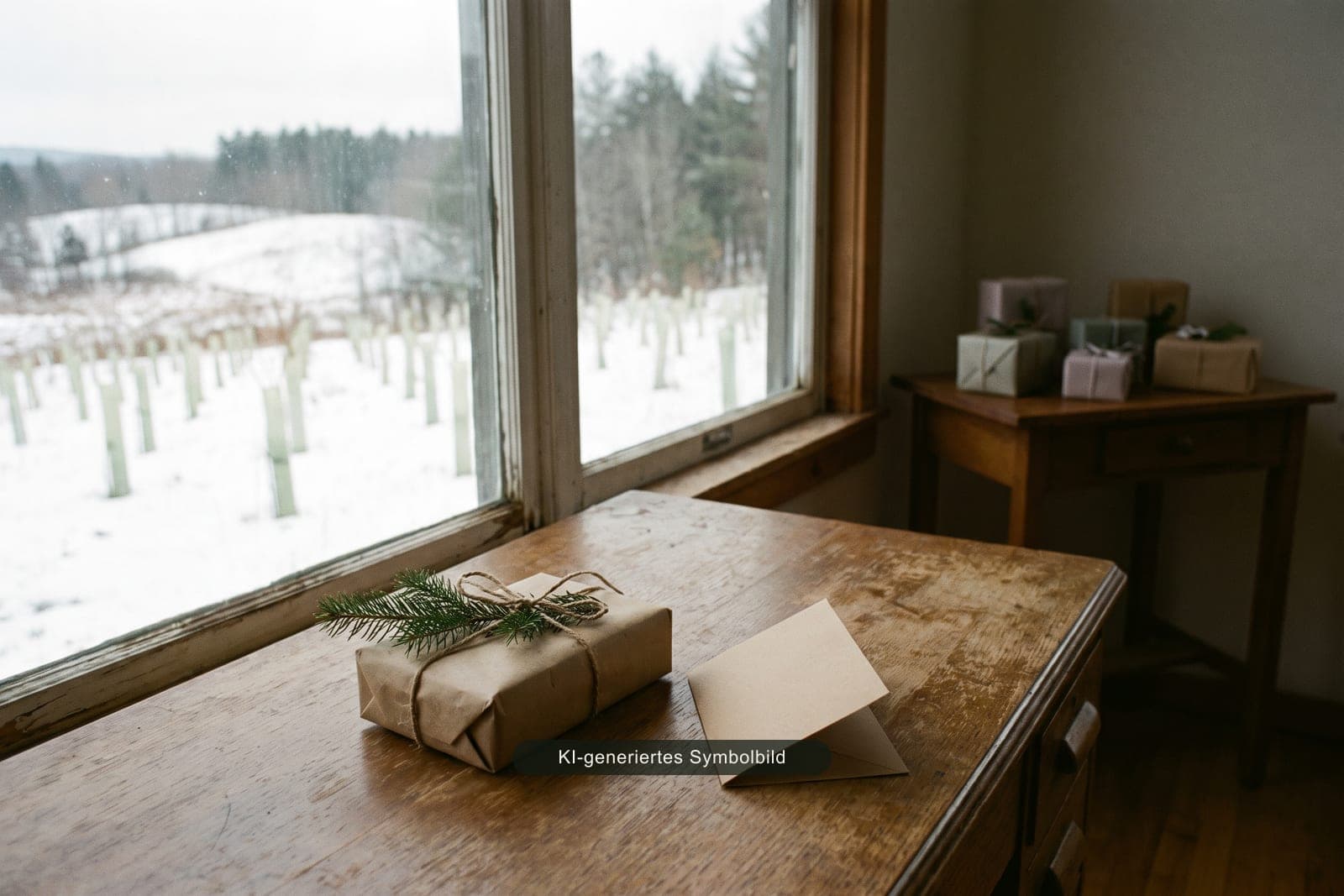 Ein kleines Päckchen in Packpapier mit Schnur und Tannenzweig neben einer leeren Klappkarte auf einem alten Holzschreibtisch am Fenster, dahinter weitere Päckchen auf einem Beistelltisch; draußen ein verschneiter Hang mit hellen Wuchshüllen, KI-generiertes Symbolbild