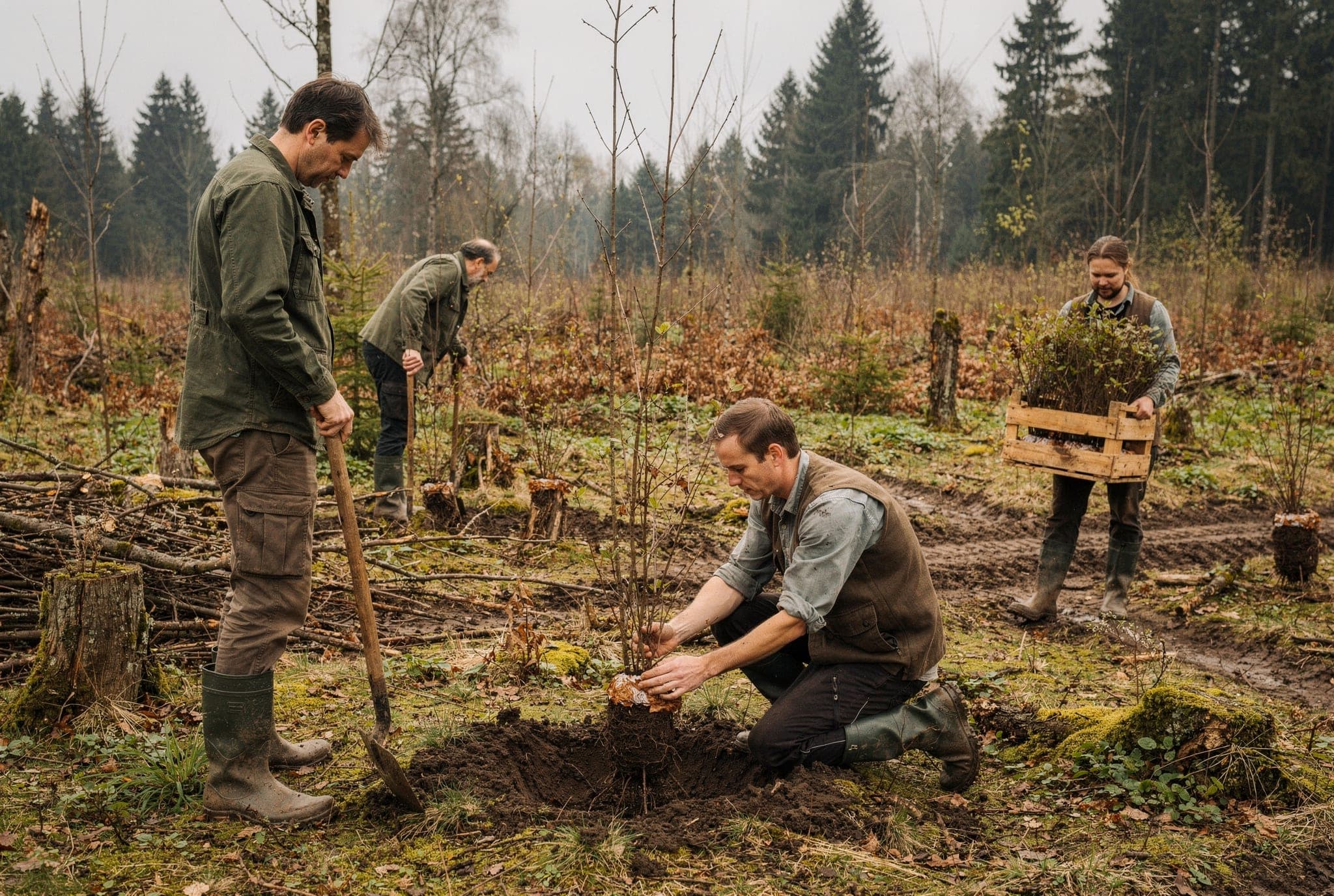 Team pflanzt junge Bäume auf einer Waldfläche an einem grauen Frühlingstag