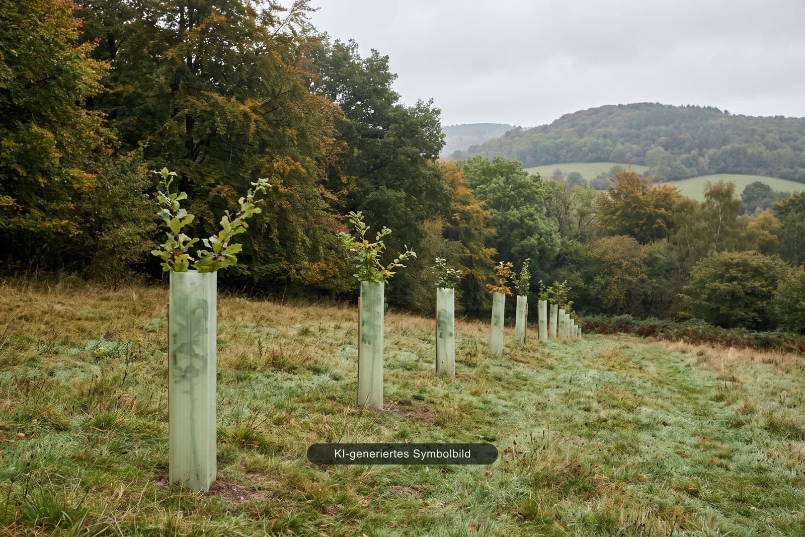 Eine Reihe junger Laubbäume in Wuchshüllen am Rand eines herbstlichen Mischwalds, dahinter bewaldete Hügel, KI-generiertes Symbolbild