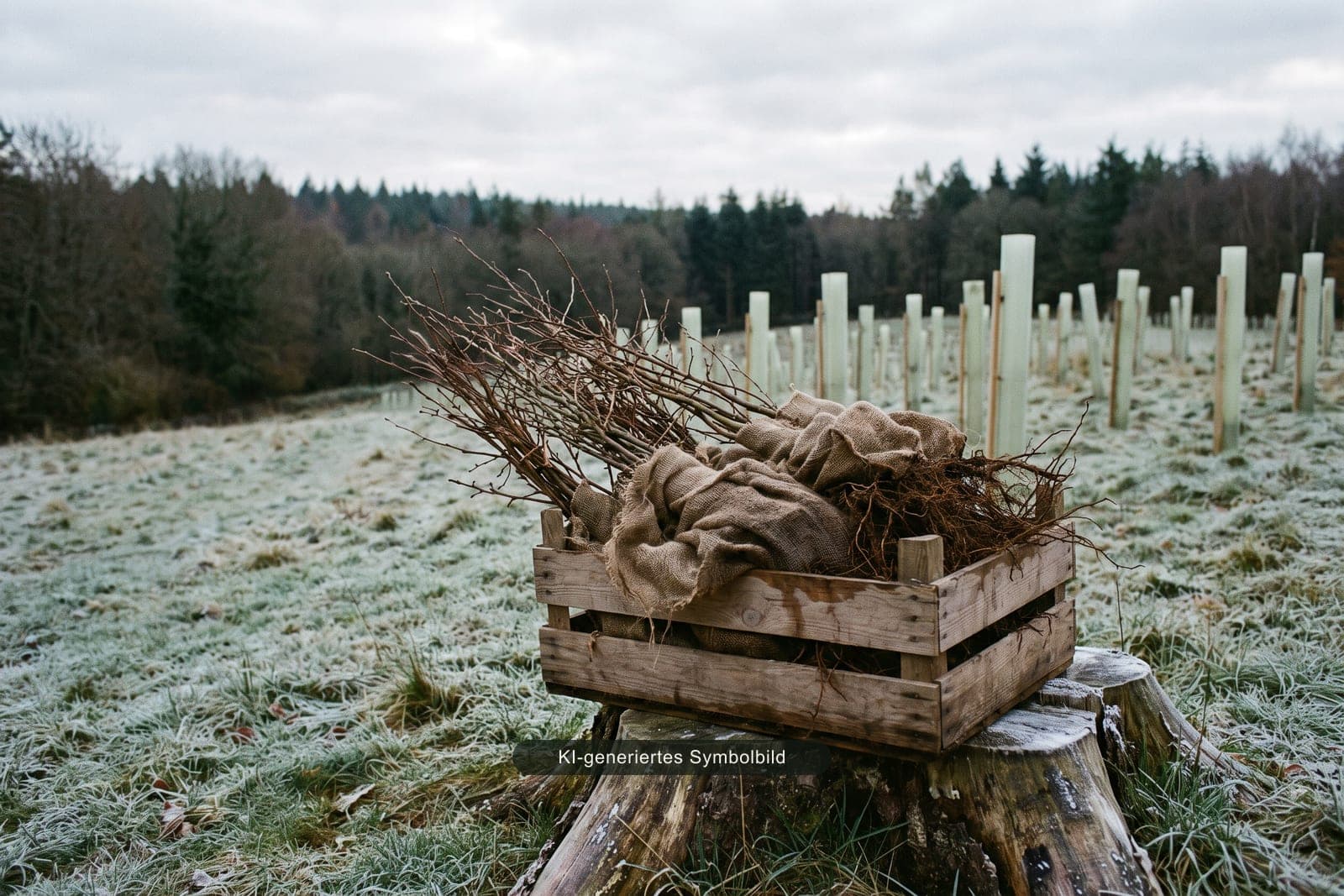 Eine Holzkiste mit wurzelnackten Setzlingen auf einem Baumstumpf am Rand einer bereiften Pflanzfläche, dahinter Reihen heller Wuchshüllen an einem Hang, KI-generiertes Symbolbild